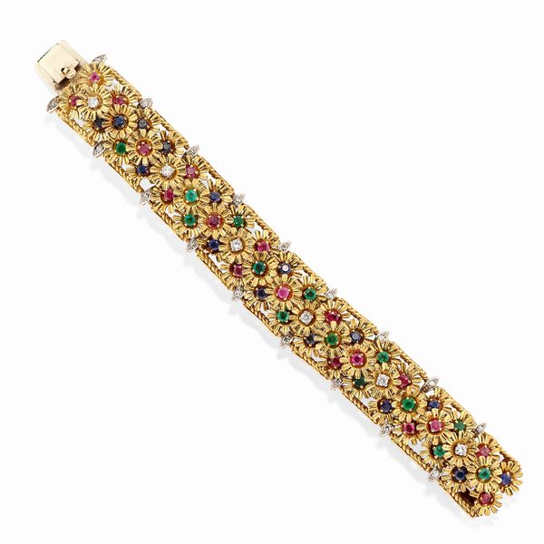 Bracciale in oro bicolore 18k, smeraldi, rubini, zaffiri e diamanti  - Asta Argenti dal XVIII al XX secolo - Associazione Nazionale - Case d'Asta italiane