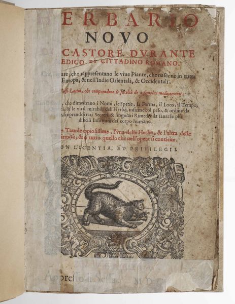 CASTORE DURANTE : Erbario Nuovo...In Venetia, appresso li Sessa, 1602<BR>Herbario novo di Castore Durante medico & cittadino romano : con figure che rappresentano le vive piante che nascono in tutta Europa & nell'Indie Orientali & Occidentali	<BR>  - Asta Libri Antichi e Rari. Incisioni - Associazione Nazionale - Case d'Asta italiane