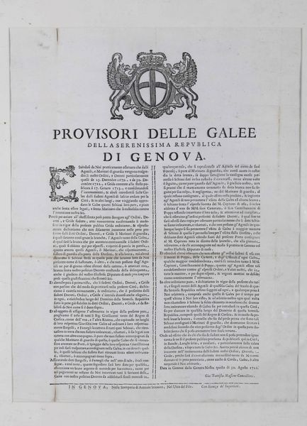 Bandi genovesi a stampa. Provisori del vino, Genova, Casamara, 1736 / Provisori delle galee, Genova, 1721 / Magistrato dei censori, Genova, 1765.  - Asta Libri Antichi e Rari. Incisioni - Associazione Nazionale - Case d'Asta italiane