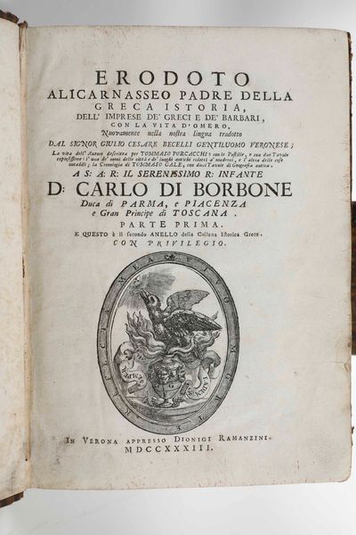 Erodoto : Delle imprese dei greci e dei barbari, in Verona, appresso Dionigi Ramanzini, 1733  - Asta Libri Antichi e Rari. Incisioni - Associazione Nazionale - Case d'Asta italiane