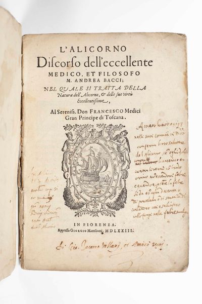 Bacci,Andrea : Lalicorno. Discorso delleccellente medico et filosofo...nella quale si tratta della natura dellalicorno, in Fiorenza, appresso Giorgio Marescotti, 1573.  - Asta Libri Antichi e Rari. Incisioni - Associazione Nazionale - Case d'Asta italiane