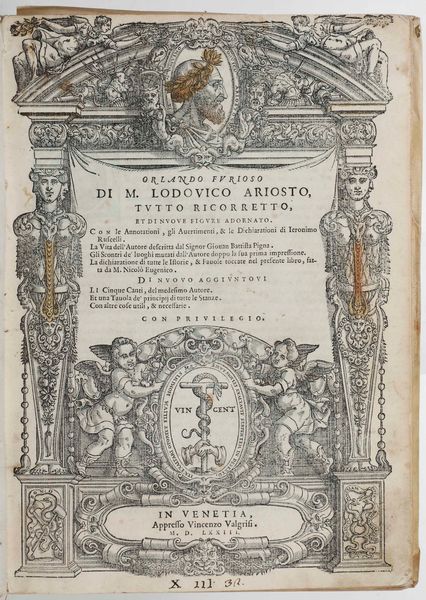 Lodovico Ariosto : Orlando Furioso di M. Ludovico Ariosto, tutto ricorretto, et di nuove figure adornato...in Venetia, appresso Vincenzo Valgrisi, 1573  - Asta Libri Antichi e Rari. Incisioni - Associazione Nazionale - Case d'Asta italiane