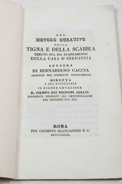 Bernardino Caccia : Del metodo curativo della tigna e della scabbia tenuto nel pio stabilimento della casa dindustria...Roma, Per Giuseppe Brancadoro E C., 1833  - Asta Libri Antichi e Rari. Incisioni - Associazione Nazionale - Case d'Asta italiane