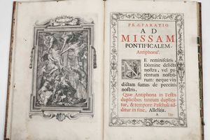 Classici - Autori Vari : Canon Missae ad usum episcoporum, ac praelatorum solemniter, vel private celebratium, Ex Typographia Venerabilis Cappellae Sanctissimi Sacramenti, Apud Antonium Fantauzzi Typographum, Urbini, 1727.  - Asta Libri Antichi e Rari. Incisioni - Associazione Nazionale - Case d'Asta italiane