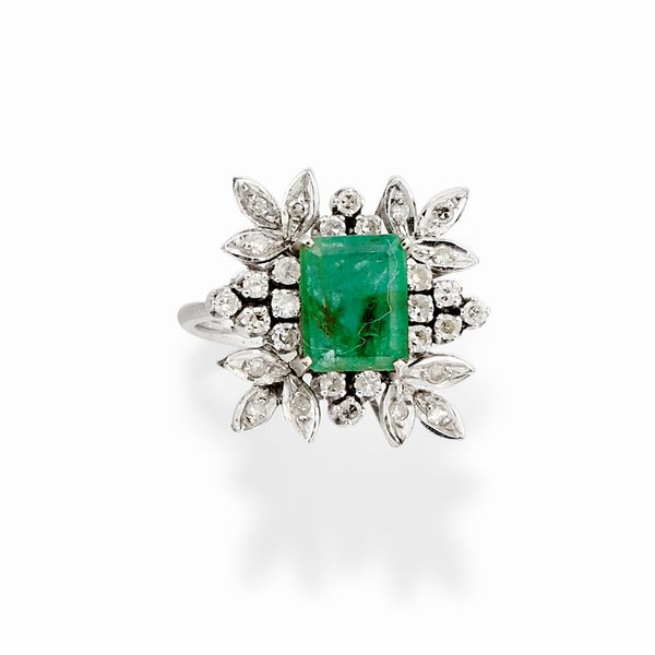 Anello in oro bianco 18k, smeraldo e diamanti  - Asta Gioielli - Associazione Nazionale - Case d'Asta italiane