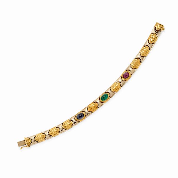 Bracciale in oro bicolore 18k, zaffiro, rubino e smeraldo  - Asta Gioielli - Associazione Nazionale - Case d'Asta italiane