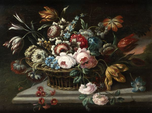 Seguace di Mario de’ Fiori : Fiori in un cesto di vimini su un tavolo di pietra  - Asta Dipinti e disegni antichi - Associazione Nazionale - Case d'Asta italiane