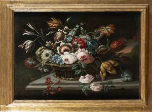 Seguace di Mario de’ Fiori : Fiori in un cesto di vimini su un tavolo di pietra  - Asta Dipinti e disegni antichi - Associazione Nazionale - Case d'Asta italiane