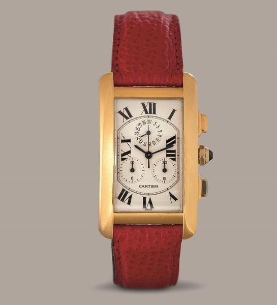 CARTIER - Tank Americaine in oro giallo 18k tre contatori, quadrante bianco con numeri Romani, movimento al quarzo  - Asta Orologio da polso e da tasca  - Associazione Nazionale - Case d'Asta italiane