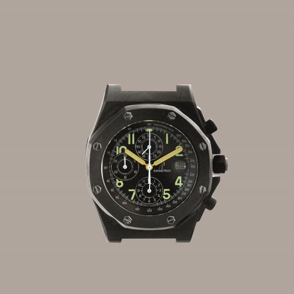 AUDEMARS PIGUET - Offshore End Of Days ed. limitata a 500pz, cronografo sportivo tre contatori con datario in acciaio, quadrante nero con sfere e cifre Arabe gialle, movimento automatico con Estratto d'Archivio  - Asta Orologio da polso e da tasca  - Associazione Nazionale - Case d'Asta italiane