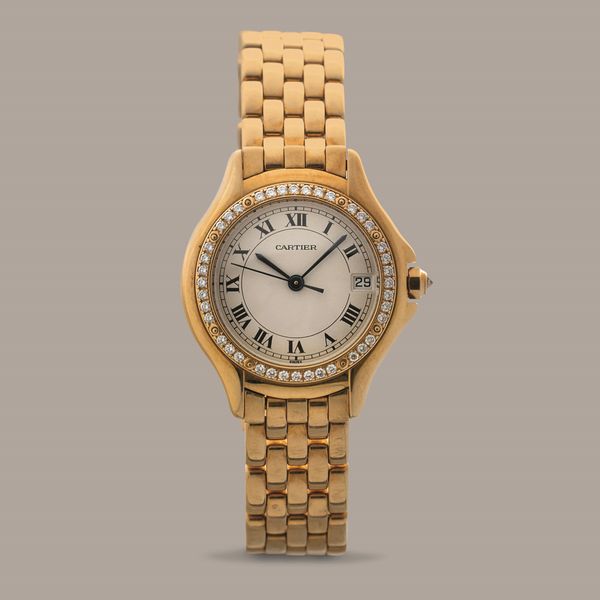 CARTIER - Panthere Cougar in oro giallo 18k, ghiera con brillanti, quadrante argent con numeri Romani, datario, sfere in acciaio azzurrato, scatola e garanzia  - Asta Orologio da polso e da tasca  - Associazione Nazionale - Case d'Asta italiane