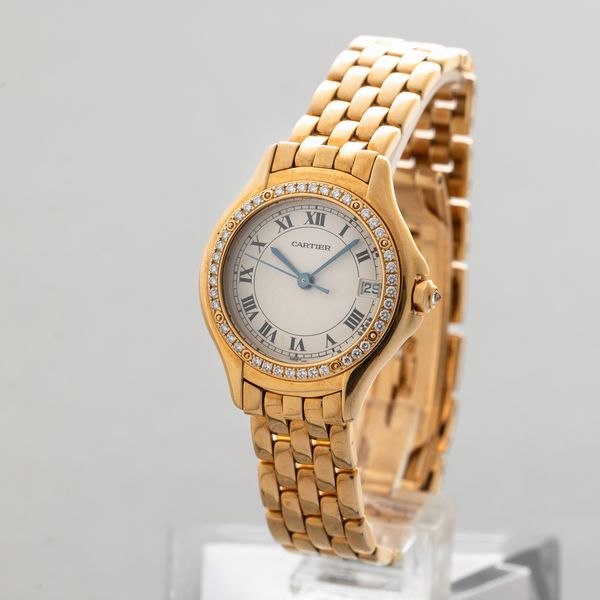 CARTIER - Panthere Cougar in oro giallo 18k, ghiera con brillanti, quadrante argent con numeri Romani, datario, sfere in acciaio azzurrato, scatola e garanzia  - Asta Orologio da polso e da tasca  - Associazione Nazionale - Case d'Asta italiane