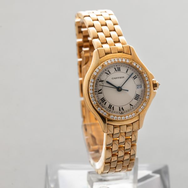 CARTIER - Panthere Cougar in oro giallo 18k, ghiera con brillanti, quadrante argent con numeri Romani, datario, sfere in acciaio azzurrato, scatola e garanzia  - Asta Orologio da polso e da tasca  - Associazione Nazionale - Case d'Asta italiane