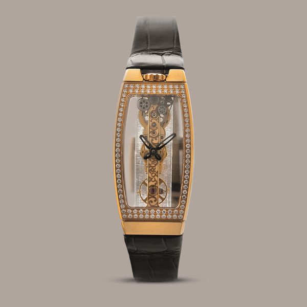 CORUM - Golden Bridge in oro rosa 18k con pav di brillanti, movimento a vista disposto su ponte verticale a carica manuale, mai indossato con scatola e garanzia  - Asta Orologio da polso e da tasca  - Associazione Nazionale - Case d'Asta italiane