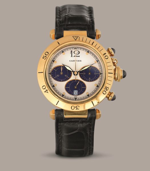 CARTIER - Pasha Chrono tre contatori, cassa in oro giallo 18k, quadrante Argent con datario e ghiera girevole, movimento al quarzo  - Asta Orologio da polso e da tasca  - Associazione Nazionale - Case d'Asta italiane