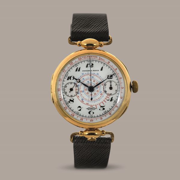 UNIVERSAL WATCH - Cronografo monopulsante Telemetre con stemma Savoia a ore sei, quadrante smaltato due contatori multiscala, cassa a cerniera in oro giallo 18k con anse snodate  - Asta Orologio da polso e da tasca  - Associazione Nazionale - Case d'Asta italiane