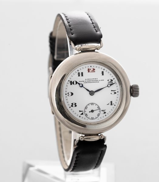 LONGINES - Oversize con doppia cassa a cerniera in acciaio e anse snodate, carica manuale e quadrante in smalto bianco e numeri Breguet con firma del rivenditore di Costantinopoli  - Asta Orologio da polso e da tasca  - Associazione Nazionale - Case d'Asta italiane