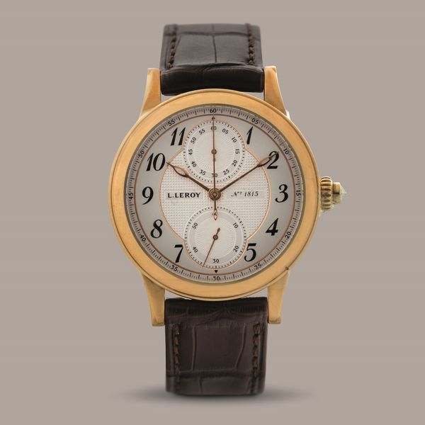 LEROY - Chronometre Certifie in oro giallo 18k, cronografo monopulsante coassiale, due contatori verticali, quadrante Argent guilloch con numeri Arabi, movimento automatico a vista  - Asta Orologio da polso e da tasca  - Associazione Nazionale - Case d'Asta italiane