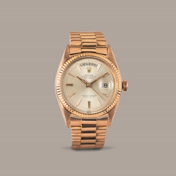 ROLEX - Daydate 1803 in oro Rosa 18k Step Dial argent con indici applicati, ghiera zigrinata, bracciale President con chiusura a scatoletta  - Asta Orologio da polso e da tasca  - Associazione Nazionale - Case d'Asta italiane