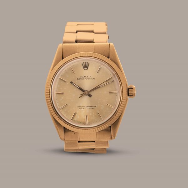 ROLEX - Oyster Perpetual ref 1005 in oro giallo 18k, quadrante champagne, bracciale rivettato, movimento automatico con scatola originale  - Asta Orologio da polso e da tasca  - Associazione Nazionale - Case d'Asta italiane