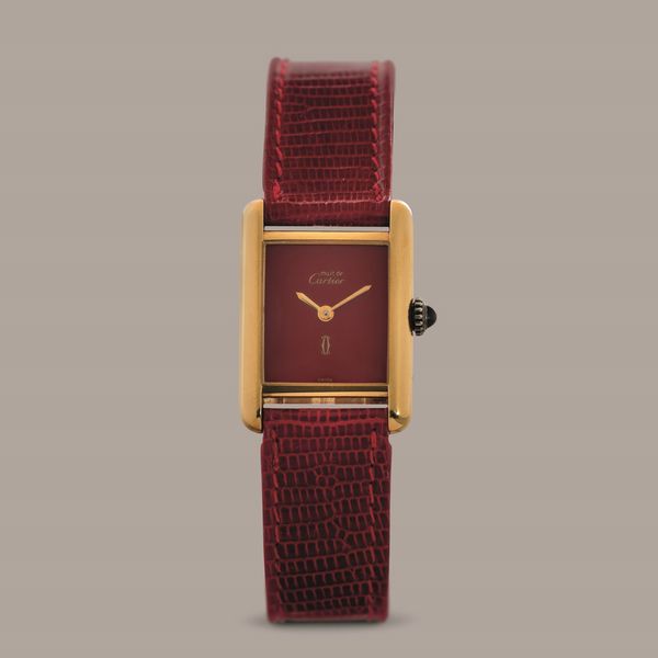 CARTIER - Must Vermeil in argento 925 laminato, quadrante bordeaux, carica manuale con scatola e garanzia  - Asta Orologio da polso e da tasca  - Associazione Nazionale - Case d'Asta italiane