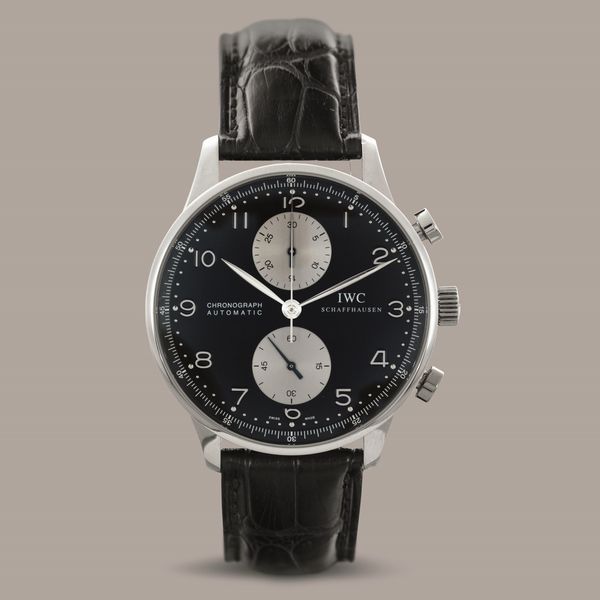 IWC - Portoghese cronografo in acciaio quadrante nero con contatori argent, numeri Arabi, movimento automatico, mai indossato  - Asta Orologio da polso e da tasca  - Associazione Nazionale - Case d'Asta italiane