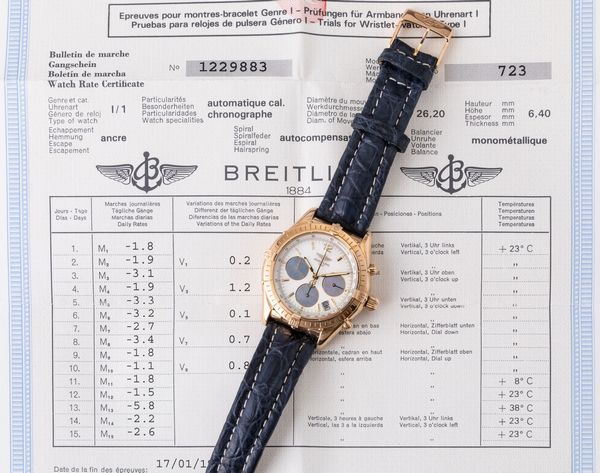 BREITLING - Chrono cockpit in oro giallo 18k, quadrante in madreperla con contatori azzurri, movimento automatico con scatola, garanzia e certificato di cronometria  - Asta Orologio da polso e da tasca  - Associazione Nazionale - Case d'Asta italiane