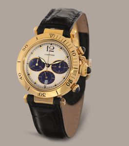 CARTIER - Pasha Chrono tre contatori, cassa in oro giallo 18k, quadrante Argent con datario e ghiera girevole, movimento al quarzo  - Asta Orologio da polso e da tasca  - Associazione Nazionale - Case d'Asta italiane