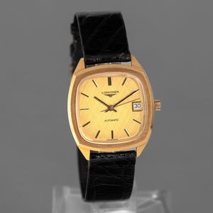 LONGINES - Carr in oro giallo 18k, quadrante champagne texture con indici applicati e datario, movimento automatico con astuccio originale  - Asta Orologio da polso e da tasca  - Associazione Nazionale - Case d'Asta italiane