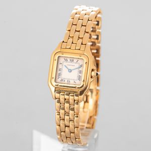 CARTIER - Panthre in oro giallo 18k, quadrante Gren con numeri Romani e sfere in acciaio azzurrato, corona di carica con zaffiro cabochon  - Asta Orologio da polso e da tasca  - Associazione Nazionale - Case d'Asta italiane