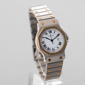 CARTIER - Santos Octagon acciaio e oro automatico, quadrante bianco con numeri Romani con datario accompagnato da scatola e garanzia in ottime condizioni  - Asta Orologio da polso e da tasca  - Associazione Nazionale - Case d'Asta italiane