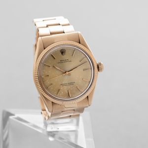 ROLEX - Oyster Perpetual ref 1005 in oro giallo 18k, quadrante champagne, bracciale rivettato, movimento automatico con scatola originale  - Asta Orologio da polso e da tasca  - Associazione Nazionale - Case d'Asta italiane