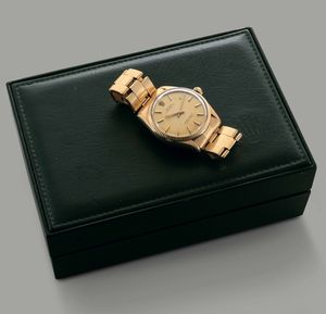 ROLEX - Oyster Perpetual ref 1005 in oro giallo 18k, quadrante champagne, bracciale rivettato, movimento automatico con scatola originale  - Asta Orologio da polso e da tasca  - Associazione Nazionale - Case d'Asta italiane