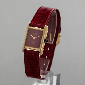 CARTIER - Must Vermeil in argento 925 laminato, quadrante bordeaux, carica manuale con scatola e garanzia  - Asta Orologio da polso e da tasca  - Associazione Nazionale - Case d'Asta italiane