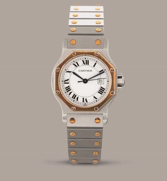 CARTIER - Santos Octagon acciaio e oro automatico, quadrante bianco con numeri Romani con datario accompagnato da scatola e garanzia in ottime condizioni  - Asta Orologi da Polso e da Tasca - Associazione Nazionale - Case d'Asta italiane