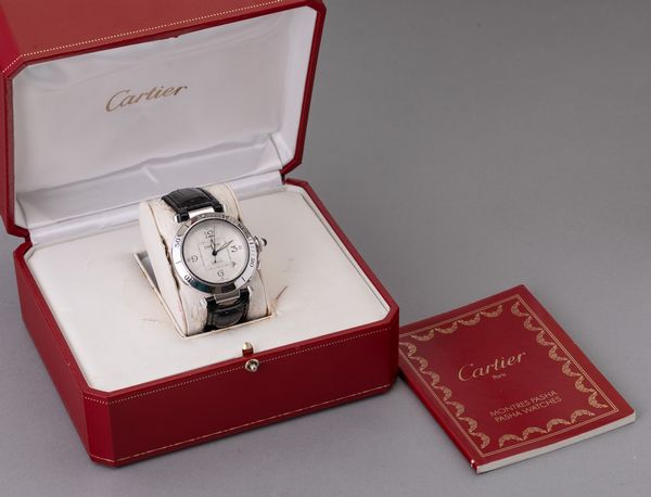 CARTIER - Pasha in oro bianco 18k, quadrante Argent con numeri Arabi, movimento automatico con scatola originale  - Asta Orologi da Polso e da Tasca - Associazione Nazionale - Case d'Asta italiane