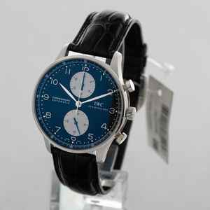 IWC - Portoghese cronografo in acciaio quadrante nero con contatori argent, numeri Arabi, movimento automatico, mai indossato  - Asta Orologi da Polso e da Tasca - Associazione Nazionale - Case d'Asta italiane