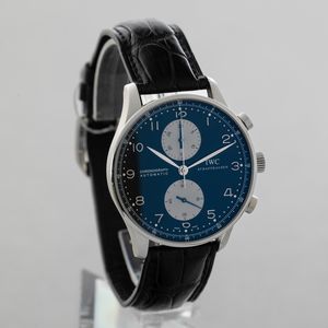 IWC - Portoghese cronografo in acciaio quadrante nero con contatori argent, numeri Arabi, movimento automatico, mai indossato  - Asta Orologi da Polso e da Tasca - Associazione Nazionale - Case d'Asta italiane