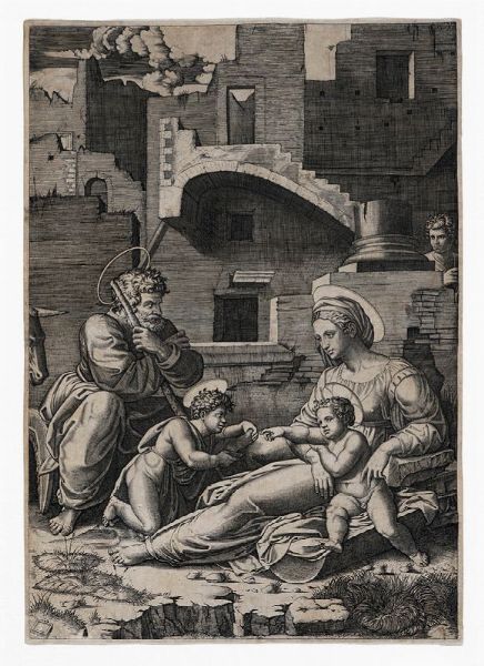 MARCANTONIO RAIMONDI : Sacra Famiglia con san Giovannino (La Vergine dalla coscia lunga).  - Asta Arte antica, moderna e contemporanea - Associazione Nazionale - Case d'Asta italiane