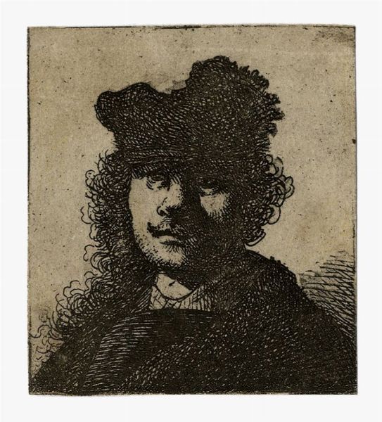 REMBRANDT HARMENSZOON VAN RIJN : Autoritratto con berretto e mantello scuro.  - Asta Arte antica, moderna e contemporanea - Associazione Nazionale - Case d'Asta italiane