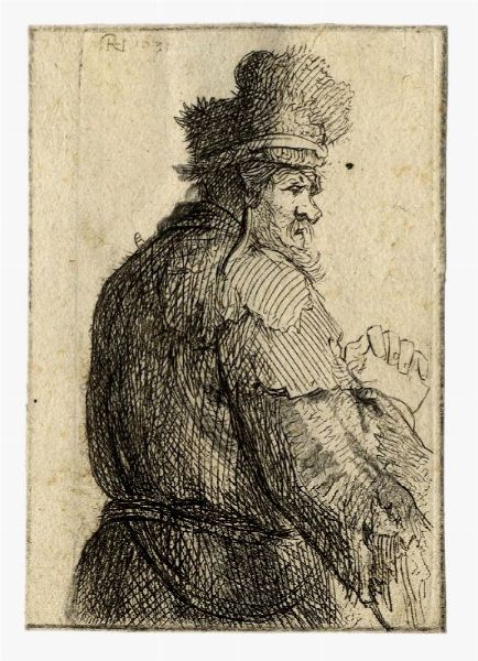 REMBRANDT HARMENSZOON VAN RIJN : Vecchio a mezza figura visto di schiena, di profilo verso destra.  - Asta Arte antica, moderna e contemporanea - Associazione Nazionale - Case d'Asta italiane