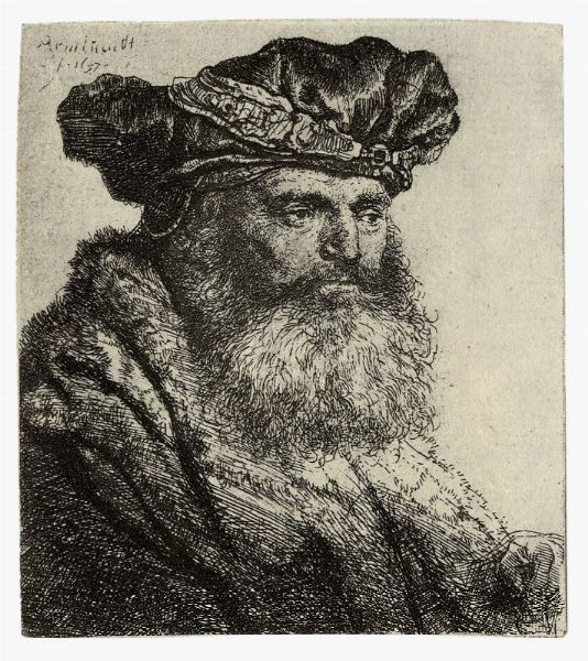 REMBRANDT HARMENSZOON VAN RIJN : Uomo con barba e cappello di velluto con una chiusura gioiello.  - Asta Arte antica, moderna e contemporanea - Associazione Nazionale - Case d'Asta italiane