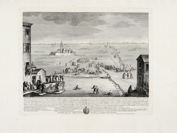 ANTONIO SANDI : Veduta dell?isola di S. Secondo col numeroso concorso di Persone, le quali dal di 29 xbre 1788 fino ai 11 Gennaro 1789, andavano, e venivano a piedi sopra il ghiaccio da Mestre a Venezia/Seconda Veduta delle Lagune Venete con l?Isola di S. Secondo...  - Asta Arte antica, moderna e contemporanea - Associazione Nazionale - Case d'Asta italiane