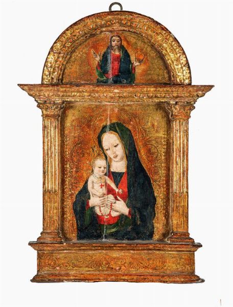 Madonna col Bambino con collanina di corallo entro edicola / Cristo pantocrator nella lunetta sovrastante.  - Asta Arte antica, moderna e contemporanea - Associazione Nazionale - Case d'Asta italiane