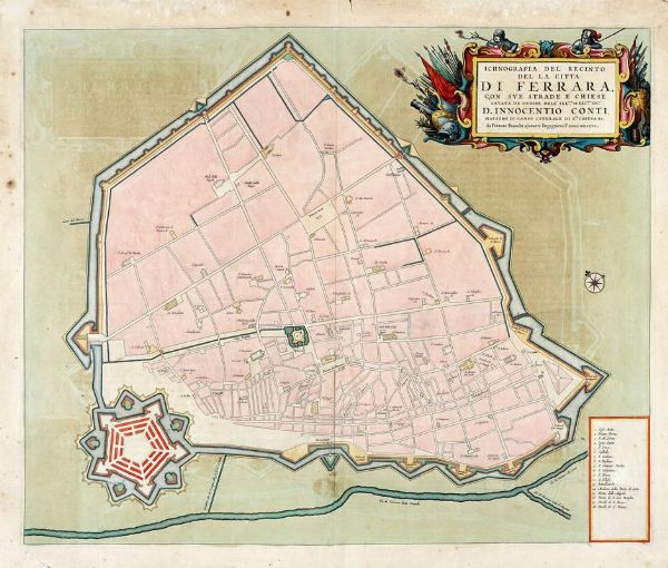 JOHANNES BLAEU : Ichnografia del recinto del la citta di Ferrara con sue strade e chiese...levata da Ferante Franchi ajutante Ingegniero l'Anno MDCLVI.  - Asta Arte antica, moderna e contemporanea - Associazione Nazionale - Case d'Asta italiane