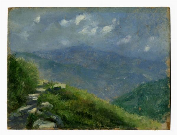 MARIANO FORTUNY Y MADRAZO : Chemin sur les collines Vers Uscio. Fond the montagnes et petits nuages.  - Asta Arte antica, moderna e contemporanea - Associazione Nazionale - Case d'Asta italiane