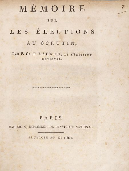 Pierre- Claude-François Daunou : Memoire sur les elections au scrutin  - Asta Libri, autografi e stampe - Associazione Nazionale - Case d'Asta italiane