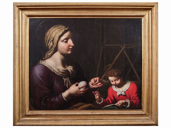 Scuola bolognese del XVII secolo : La Madonna bambina cuce assistita da Sant'Anna  - Asta Arredi e Dipinti dal Castello di Gamberaia a Firenze - Associazione Nazionale - Case d'Asta italiane