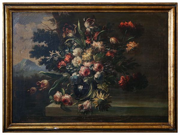 Maniera della pittura del diciassettesimo secolo : Nature morte con fiori  - Asta Arredi e Dipinti dal Castello di Gamberaia a Firenze - Associazione Nazionale - Case d'Asta italiane