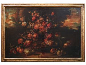 Maniera della pittura del diciassettesimo secolo : Nature morte con fiori e frutta  - Asta Arredi e Dipinti dal Castello di Gamberaia a Firenze - Associazione Nazionale - Case d'Asta italiane